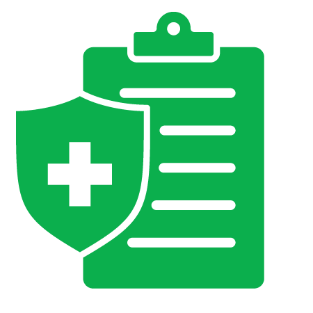 a green clipboard with a shield and a cross