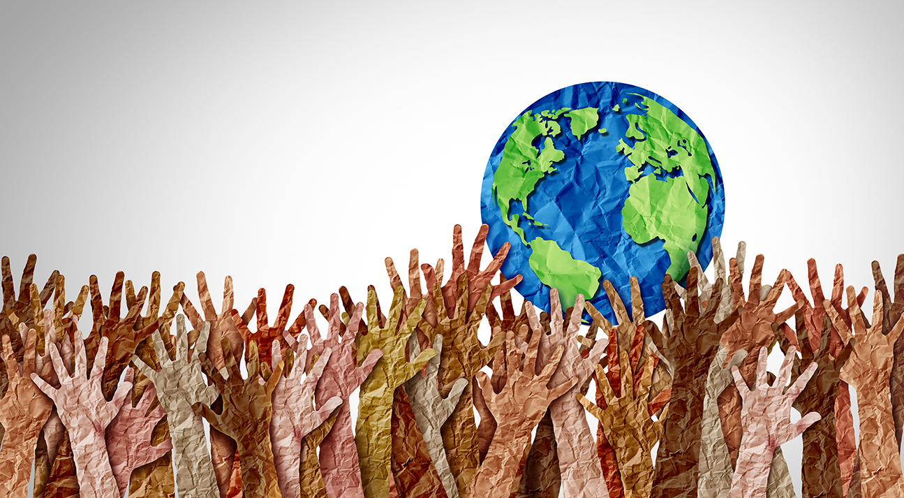 a group of hands reaching up to the top of a planet earth