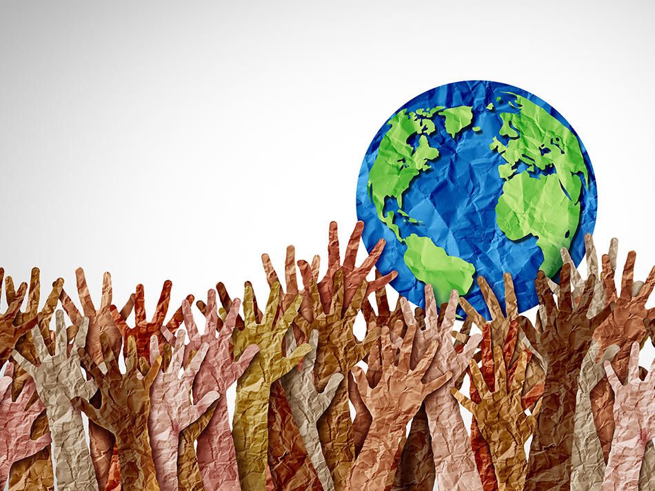 a group of hands reaching up to the top of a planet earth