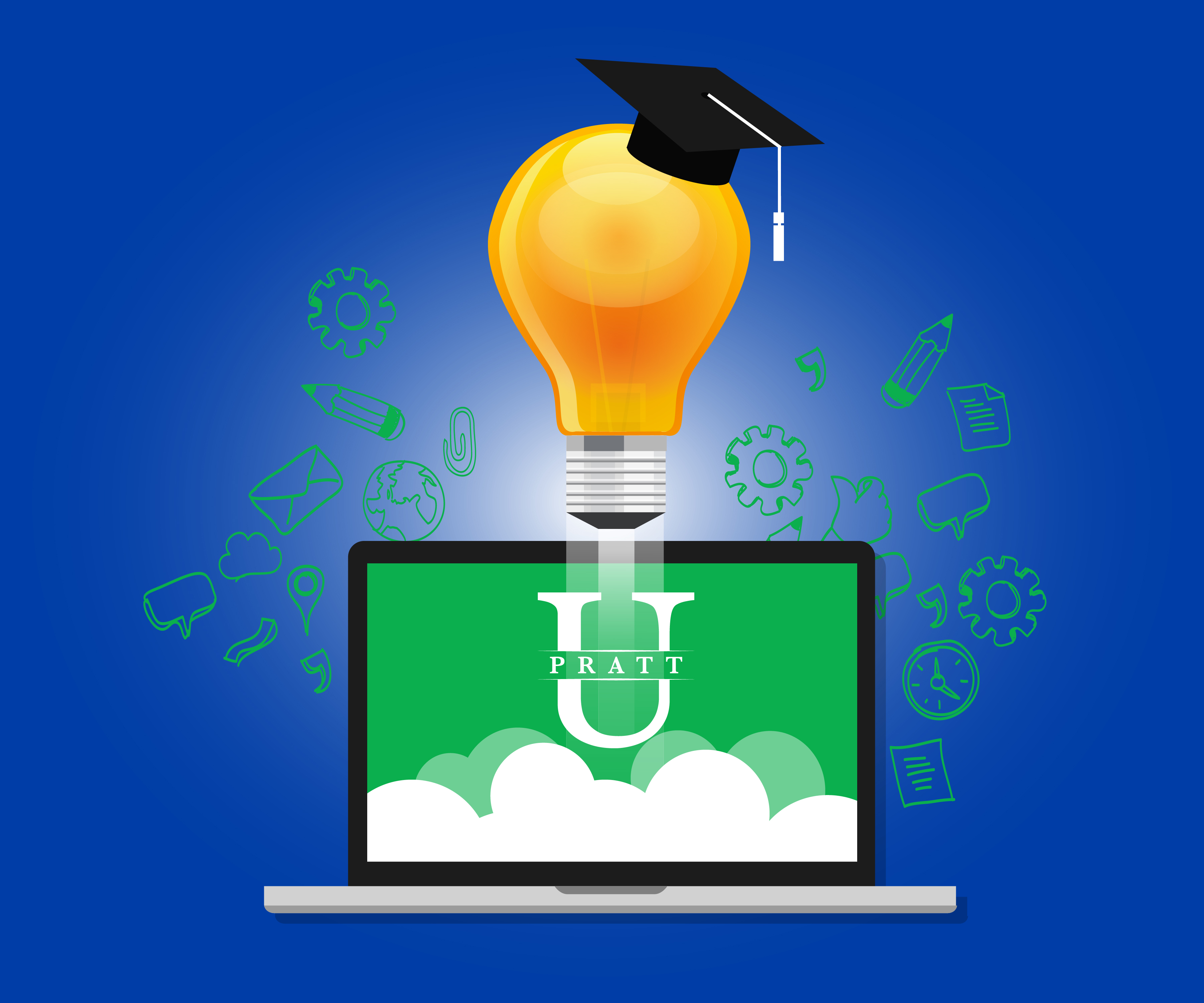 a laptop with a light bulb and graduation cap coming out of it