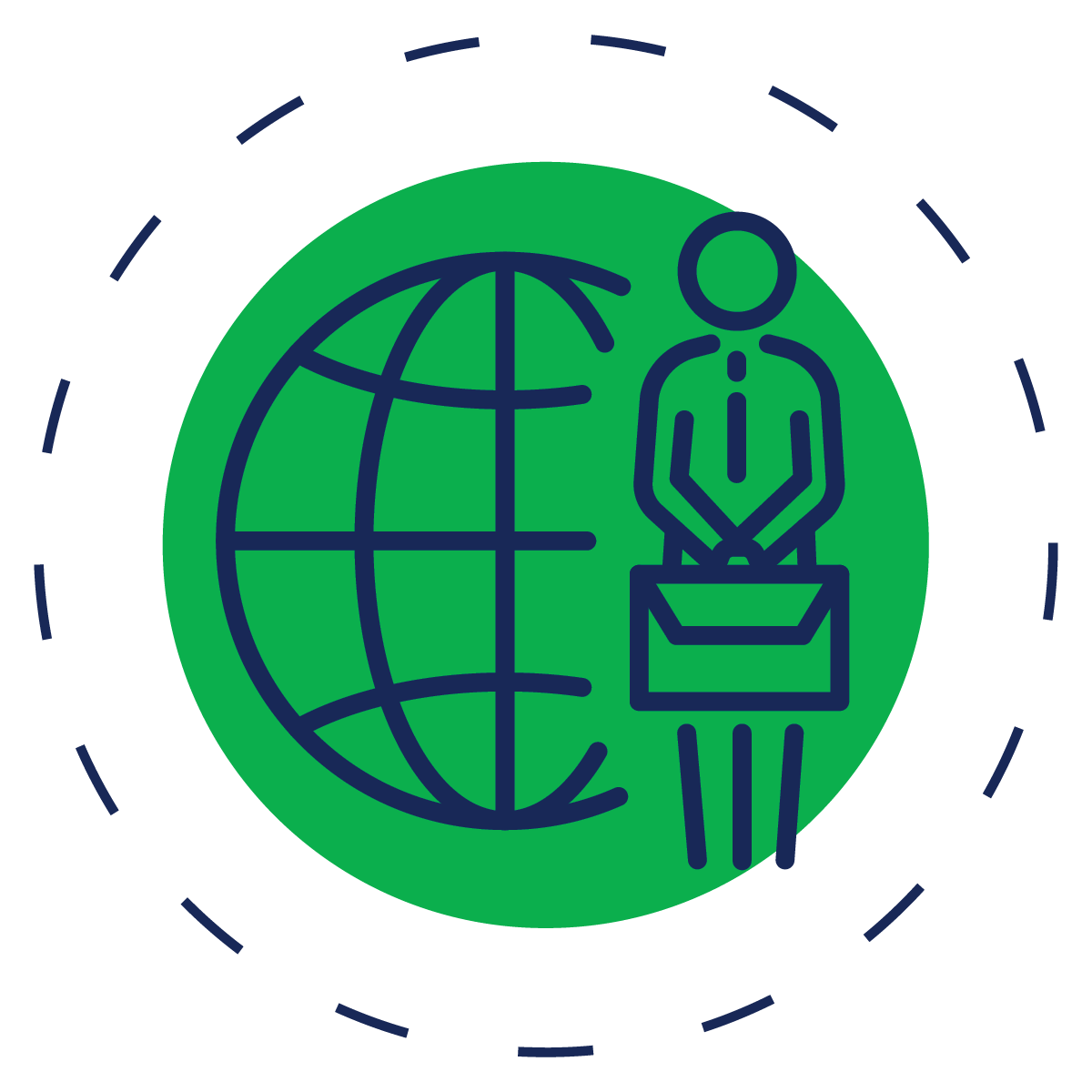 a logo of a person standing in front of a globe
