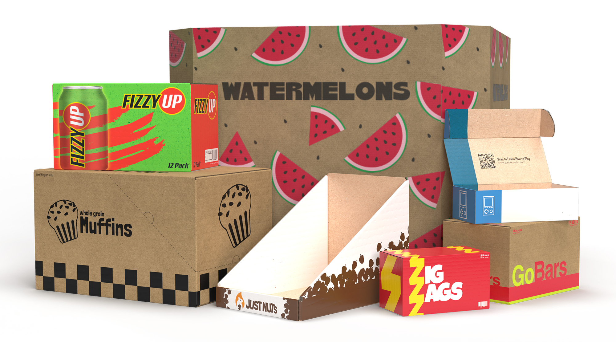 a group of boxes with different designs