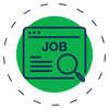 a green and blue logo with a magnifying glass