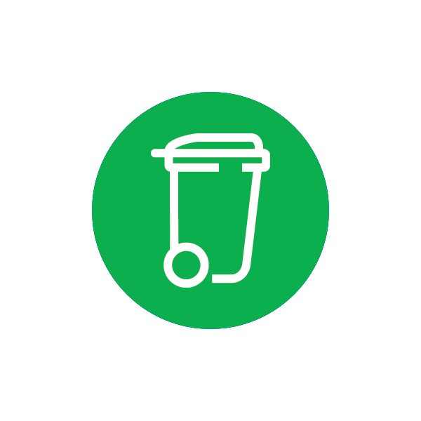 a green circle with a white outline of a trash can