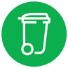 a green circle with a white outline of a trash can